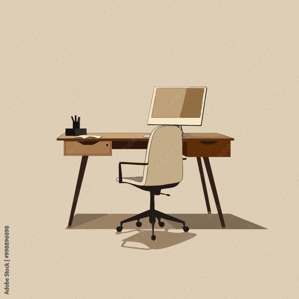 Illustration of a modern office desk setup with a chair, representing a productive workspace in a stylish and ergonomic design. Illustration of a modern office desk setup with a chair, representing a productive workspace in a stylish and ergonomic design.