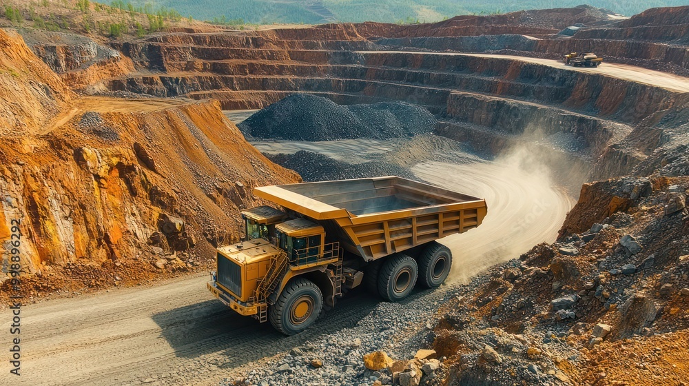 Dump truck fleet in a stone and rock transport mine, A fleet of heavy-duty trucks operates in a mining site. Dump truck fleet in a stone and rock transport mine, A fleet of heavy-duty trucks operates in a mining site.