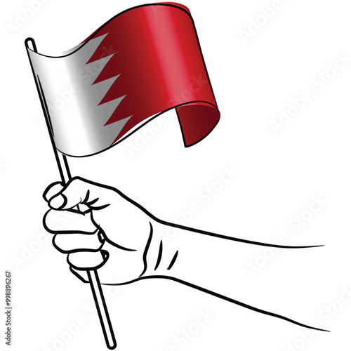 Scalable and editable eps vector Outline line stroke contour art of hands holding national waving flag of Baharain