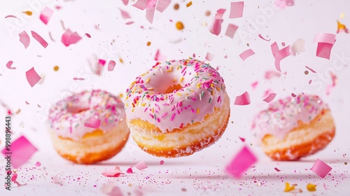 Colorful decorated donuts falling against a pure white background, showcasing vibrant icing and sprinkles, creating a fun and playful visual