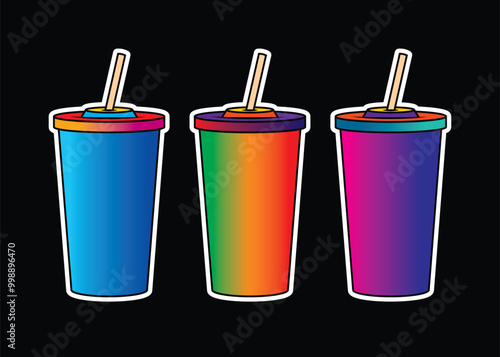 Fast food plastic cup with straw. Hot or cold drink. Original vector illustration in vintage style.