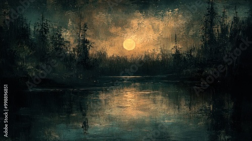 A Full Moon Over a Still Forest Lake