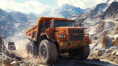 Dump truck fleet in a stone and rock transport mine, A fleet of heavy-duty trucks operates in a mining site.