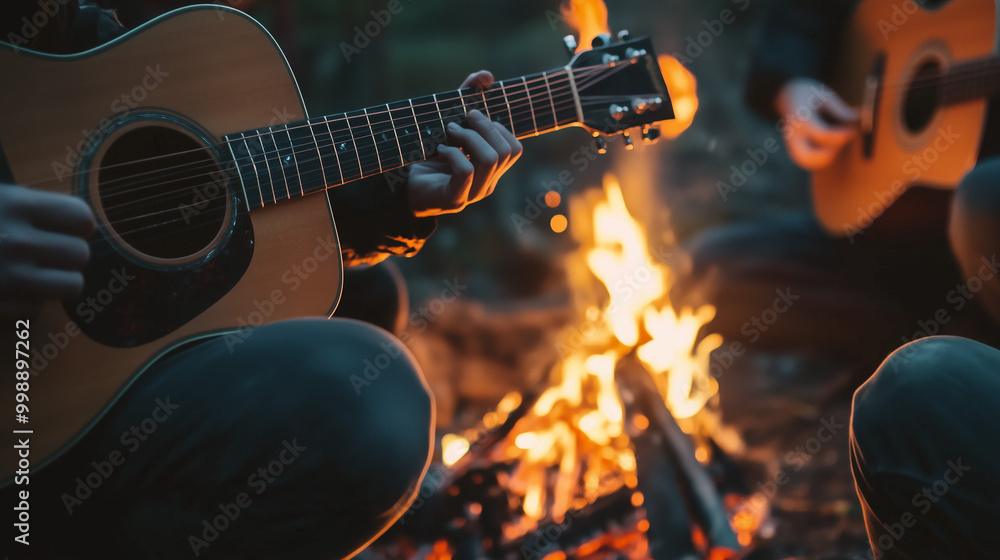 Fototapeta premium W magiczny wieczór, przy ognisku płonącym na środku polany, grupa przyjaciół delektuje się chwilą. Jedna osoba z entuzjazmem gra na gitarze, a każdy dźwięk niesie ze sobą wspomnienia i radość.