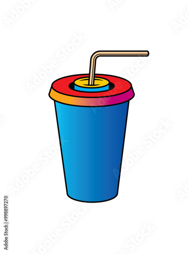 Fast food plastic cup with straw. Hot or cold drink. Original vector illustration in vintage style.