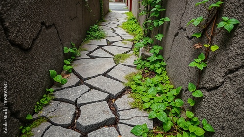 Cracked and weathered concrete sidewalks teem with vibrant green vegetation, tendrils of ivy and creeping vines wrapping tentatively around the harsh urban surfaces. photo