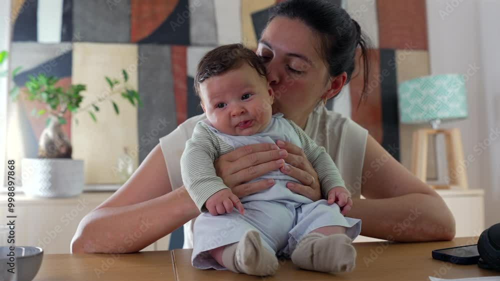 Mother smiling warmly at her baby while holding the child on a table in a cozy indoor setting. peaceful family bonding moment between a mother and her happy baby Mother smiling warmly at her baby while holding the child on a table in a cozy indoor setting. peaceful family bonding moment between a mother and her happy baby