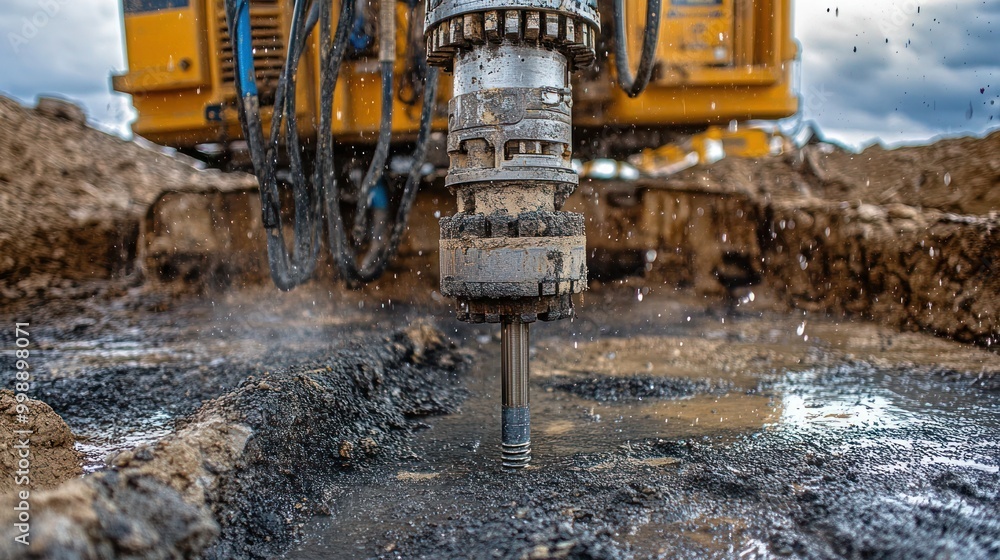 Professional drilling rig doing a geotechnical study of the terrain, Drillers doing drilling oil process with dirty work outfit. Professional drilling rig doing a geotechnical study of the terrain, Drillers doing drilling oil process with dirty work outfit.