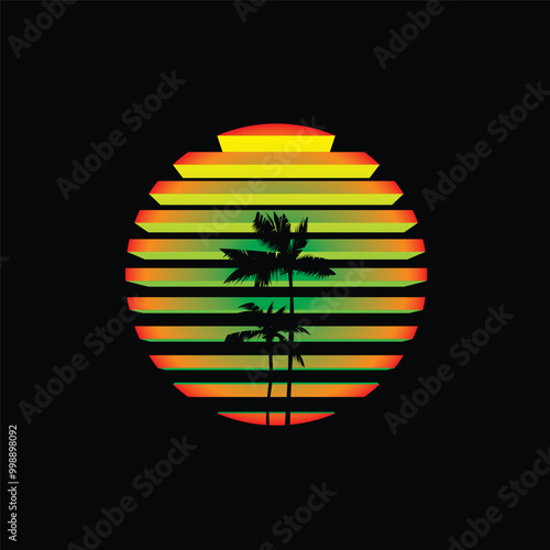 Neon sunset in 80's style. Original vector illustration in retro style. T-shirt design.