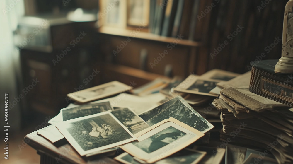 Fototapeta premium Zgromadzone na stole zdjęcia tworzą mozaikę wspomnień, pełnych radości, miłości i przygód. Stare fotografie, lekko sfatygowane, odzwierciedlają emocje chwil, które już minęły.