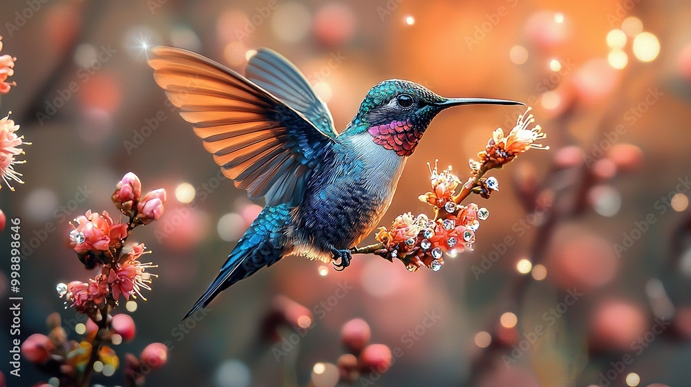 A vibrant hummingbird rests on the petals of a blooming tree, with a hazy backdrop A vibrant hummingbird rests on the petals of a blooming tree, with a hazy backdrop