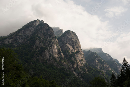 A stunning view of dramatic mountain peaks rising above a dense forest. The peaks are partially shrouded in mist.