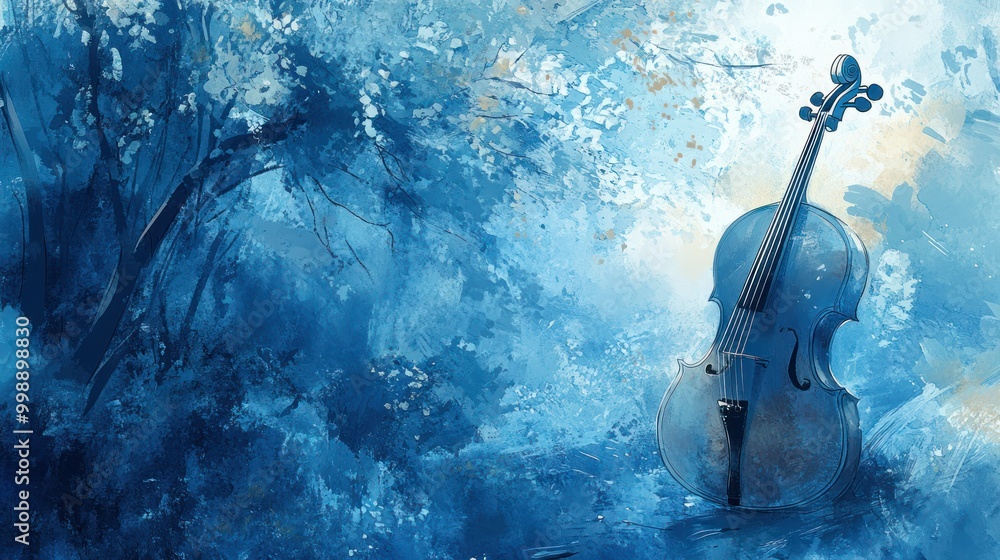 A Blue and White Abstract Painting Featuring a Cello