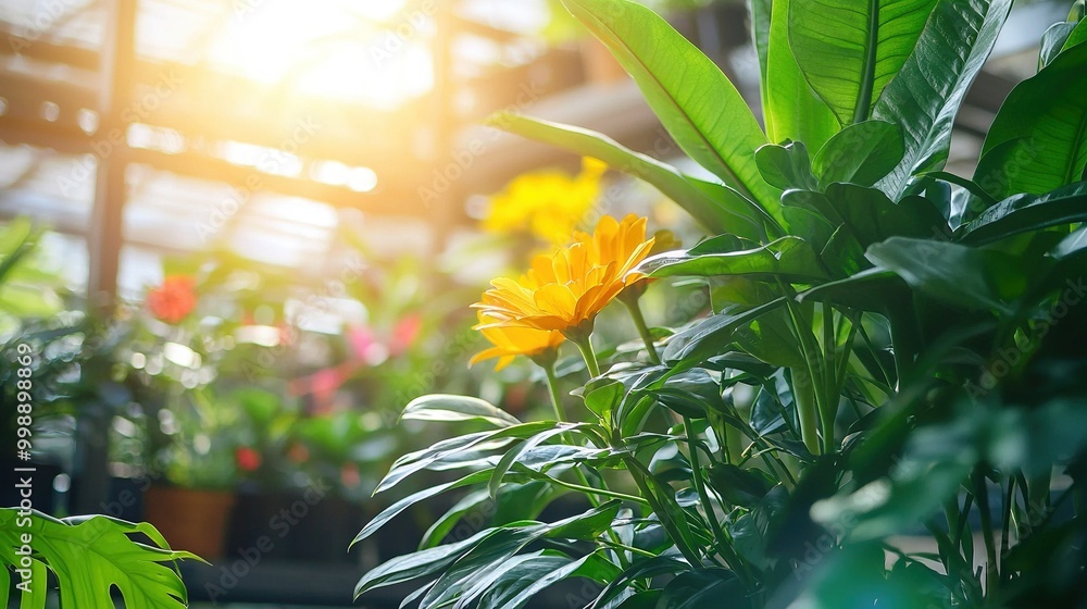 The sun illuminates brilliantly through verdant foliage and a sunny yellow blossom in the foreground The sun illuminates brilliantly through verdant foliage and a sunny yellow blossom in the foreground