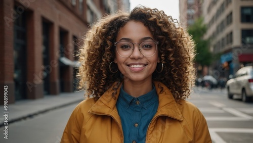 Smiling woman with blonde highlights in yellow jacket