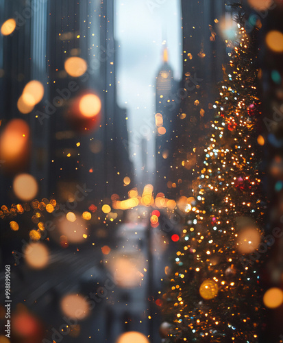 Background Winter city view, close-up, blurred background, aesthetic Christmas photo