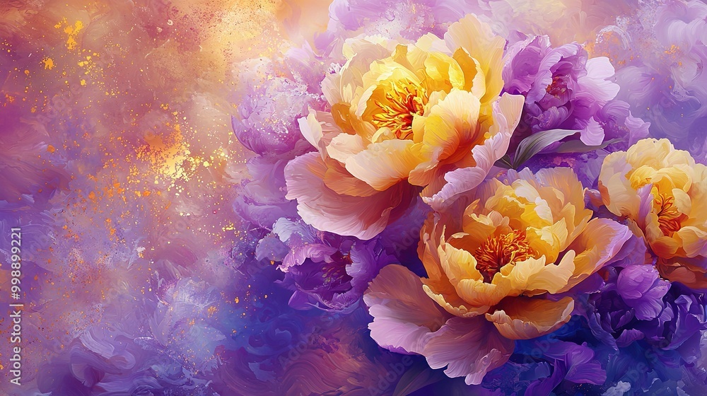 Three yellow and purple flowers on a purple-yellow background with splashed paint Three yellow and purple flowers on a purple-yellow background with splashed paint