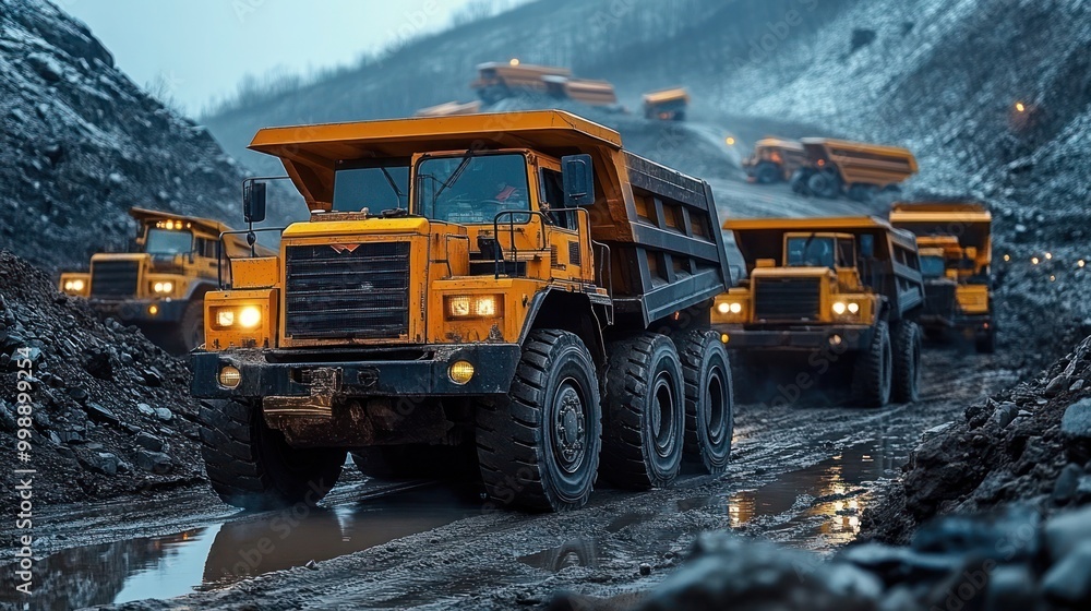 Dump truck fleet in a stone and rock transport mine, A fleet of heavy-duty trucks operates in a mining site. Dump truck fleet in a stone and rock transport mine, A fleet of heavy-duty trucks operates in a mining site.