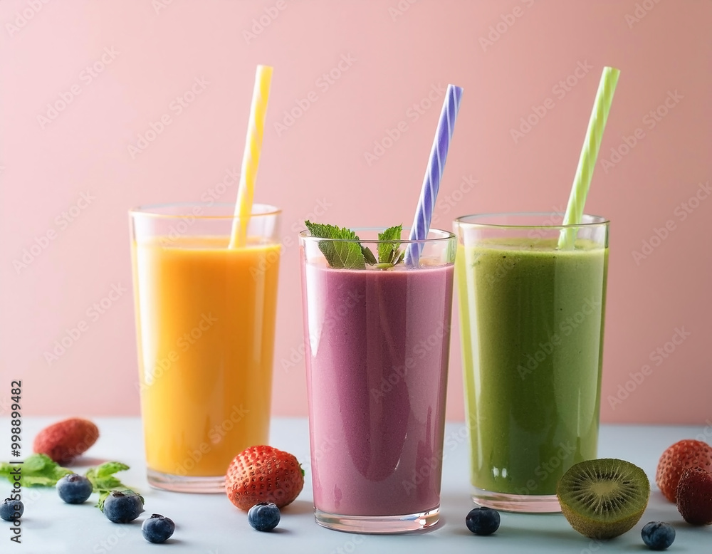 Colorful smoothie drinks in tall glasses on pastel background Colorful smoothie drinks in tall glasses on pastel background