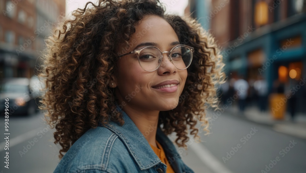 Smiling woman in denim jacket with large curls Smiling woman in denim jacket with large curls