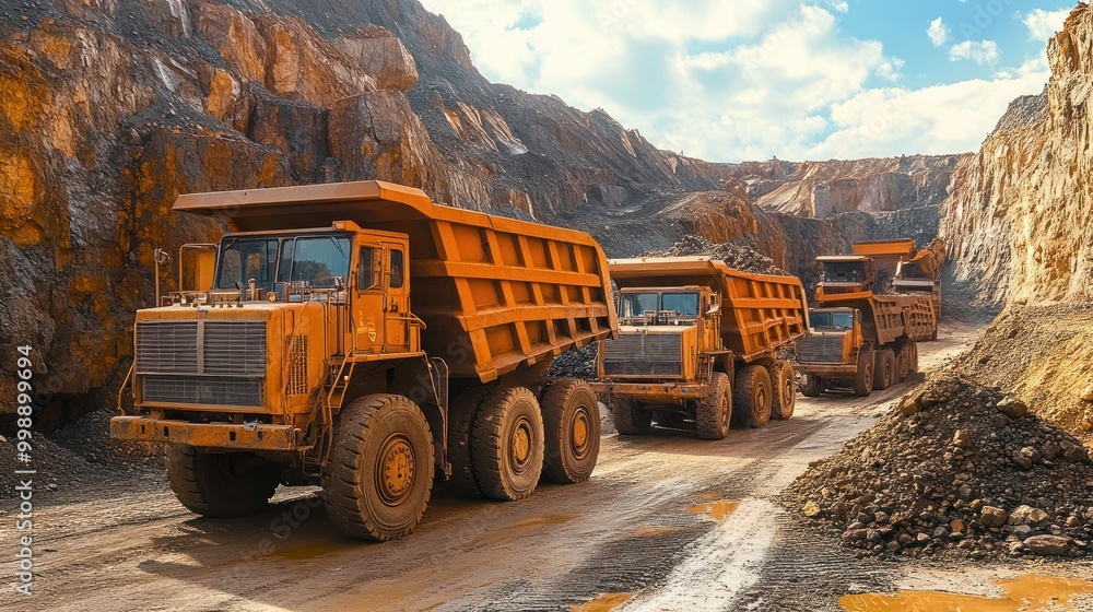 Dump truck fleet in a stone and rock transport mine, A fleet of heavy-duty trucks operates in a mining site. Dump truck fleet in a stone and rock transport mine, A fleet of heavy-duty trucks operates in a mining site.