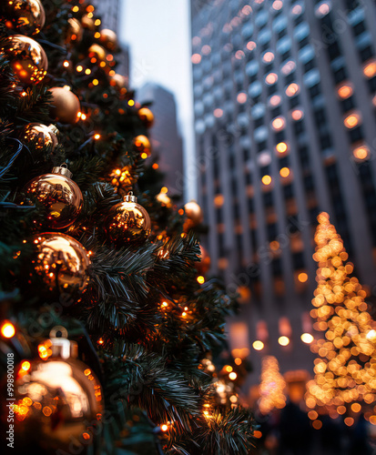 Background Winter city view, close-up, blurred background, aesthetic Christmas photo