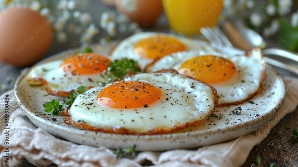 Sunny side up eggs on a rustic plate, topped with herbs and a bright background Sunny side up eggs on a rustic plate, topped with herbs and a bright background