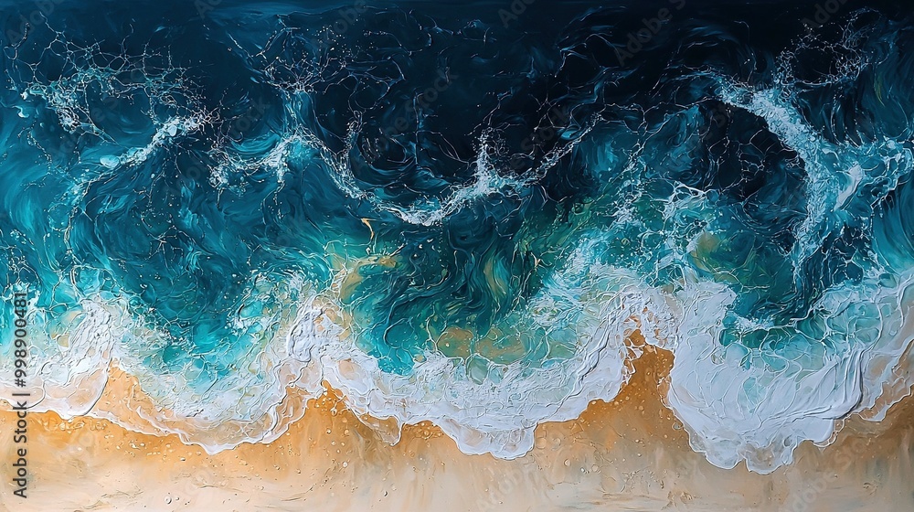 An aerial view of a vast body of water as waves crash into its surface An aerial view of a vast body of water as waves crash into its surface