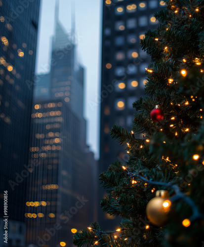 Background Winter city view, close-up, blurred background, aesthetic Christmas photo