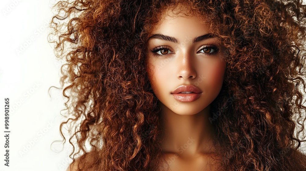 Fototapeta premium Beautiful woman with long curly brown hair, close-up portrait, natural beauty, soft lighting 