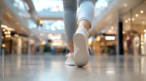 Close-up shot of a person walking in the shopping mall, wearing casual clothing and white sneakers, capturing the dynamic movement and retail environment. photo