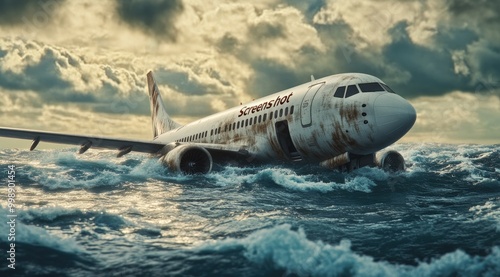 Wallpaper Mural A rusted airplane crashes into a stormy sea with dramatic clouds overhead. Torontodigital.ca