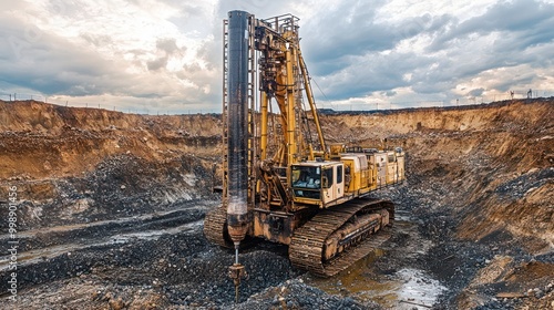 Professional drilling rig doing a geotechnical study of the terrain, Drillers doing drilling oil process with dirty work outfit.