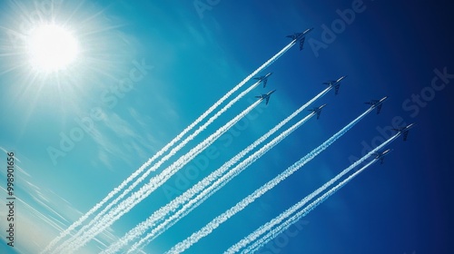 A formation of sleek, modern fighter jets soaring in tight formation, leaving white contrails against a vibrant blue sky photo