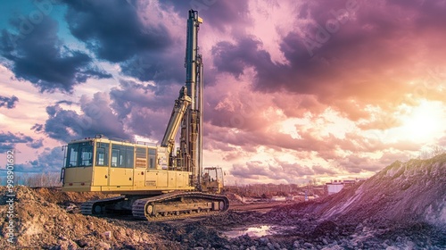 Professional drilling rig doing a geotechnical study of the terrain, Drillers doing drilling oil process with dirty work outfit.