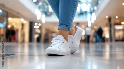 Person wearing white sneakers and blue jeans walking in a modern shopping mall with a blurred background of other shoppers. photo