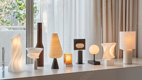 A collection of modern table lamps in various shapes and designs, displayed on a sleek white table, with soft lighting illuminating the lamps' unique features and styles, s photo