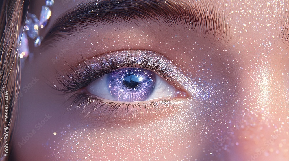 A woman's blue eye has glitter on her lashes and stars under her eye in a close-up photo A woman's blue eye has glitter on her lashes and stars under her eye in a close-up photo