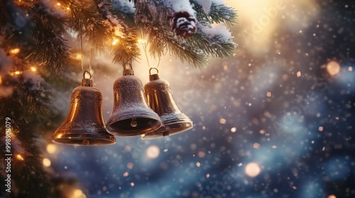 Three Golden Bells Adorned with Snow on a Snowy Pine Branch with Warm Lights