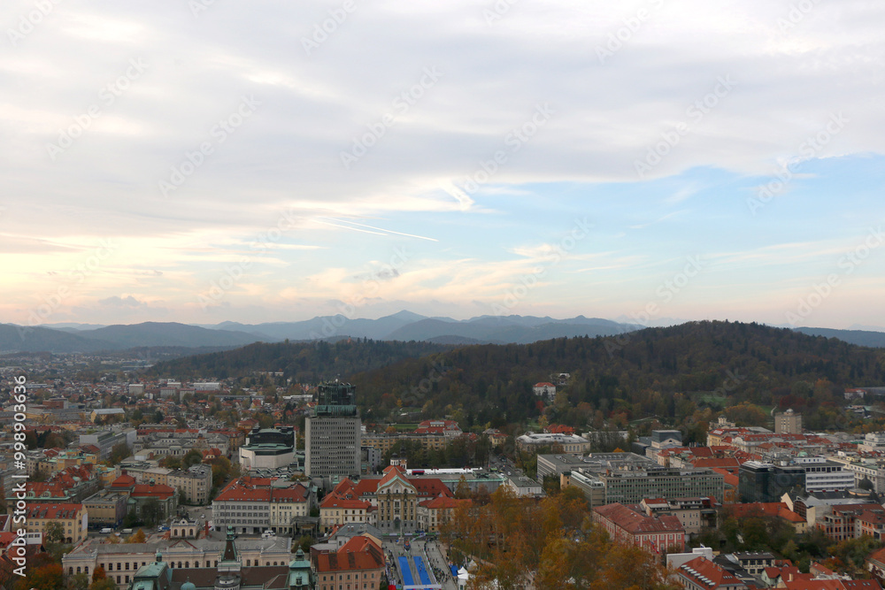 Fototapeta premium Aerial view of central Ljubljana, capital of Slovenia, from Ljubljana Castle. Autumn in the picturesque city.