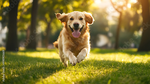 A happy golden retriever with its tongue out, playfully running in a sunny park, with soft focus on the background of green grass and trees, capturing the joy and energy of a pet in a good mood. 