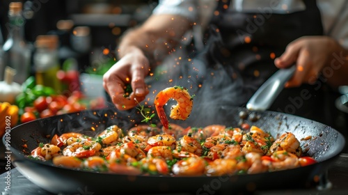 A bright assortment of shrimp, vegetables and greens in a frying pan in a frozen flight on a black background in the hand of a professional chef in a black uniform. Advertising, banner.