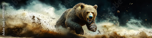 Dynamic image of a roaring bear in motion, ideal for wildlife conservation campaigns or outdoor adventure promotions. Design for Wall Art, Poster Print, Wallpaper & Background photo