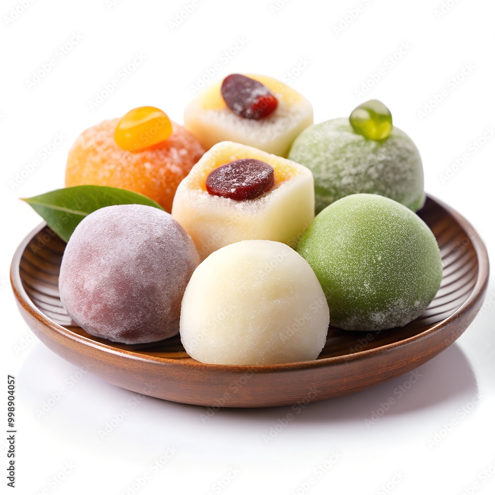 Mochi - Japanese rice cakes with different fillings: fruits, beans, matcha tea, beautifully served on a plate
Mochi - Japanese rice cakes with different fillings: fruits, beans, matcha tea, beautifully served on a plate