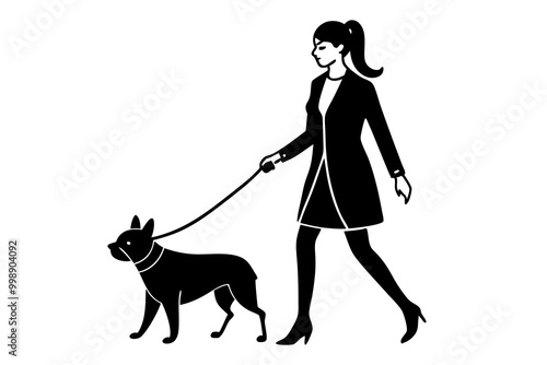 A Girl Holding a Leash Walking Her Bulldog Silhouette Vector Illustration photo