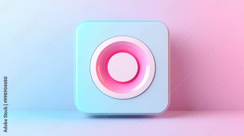 A 3D rendered blue and pink square button with a circular, white button inside. A 3D rendered blue and pink square button with a circular, white button inside.