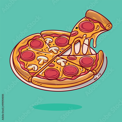  Fast Food Concept Isolated Vector. Slice Of Pizza Cartoon Vector Illustration.