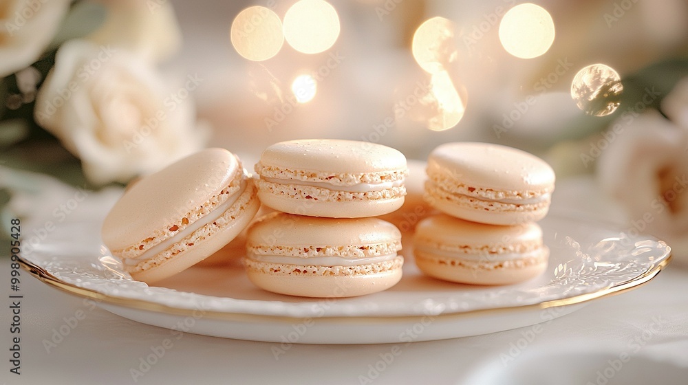 A white plate holds macaroons, while a bouquet of flowers sits nearby, along with a lit-up candle A white plate holds macaroons, while a bouquet of flowers sits nearby, along with a lit-up candle