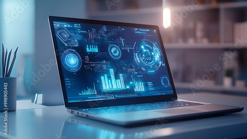 A dynamic snapshot of a desktop computer showing real-time data analysis and 3D modeling, emphasizing the power and versatility of new computing technologies.