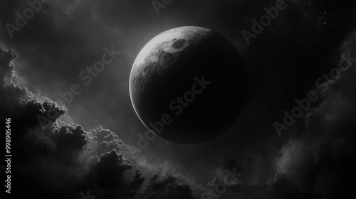 Fototapeta Naklejka Na Ścianę i Meble -  A crescent moon and stars shine through a veil of dark clouds